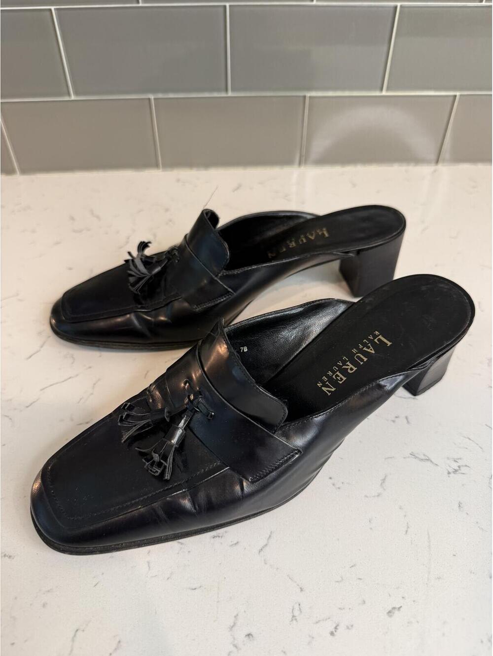Lauren Ralph Lauren Black Leather Tassel Mule Heels Size 7B - Picture 3 of 6